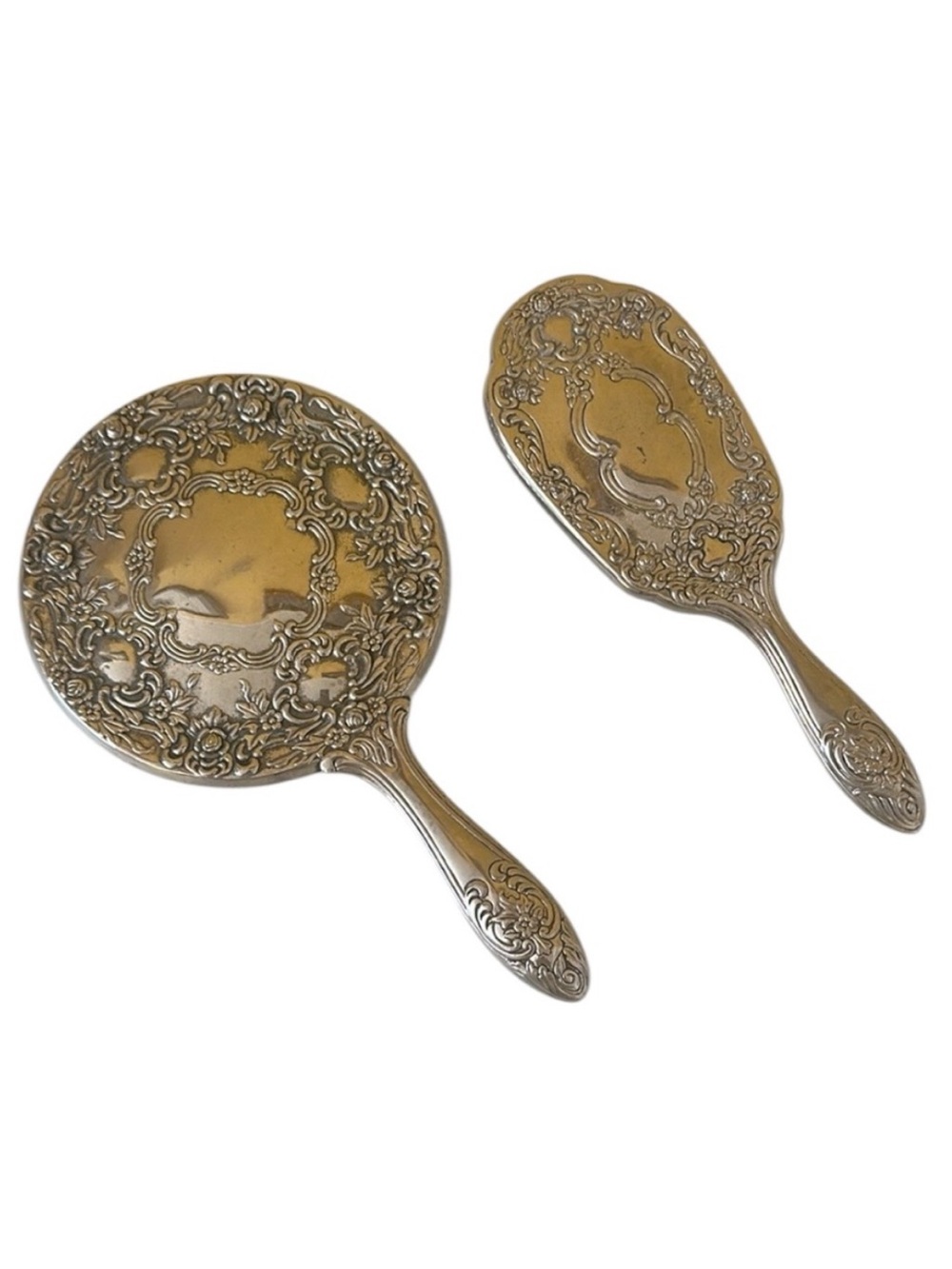 Vanity Hand Held Mirror and Brush Set Ornate Victorian Silverplate